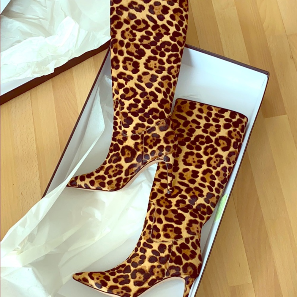 Leopard tall pointy low heal boots
